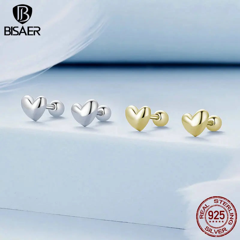 BISAER 925 Sterling Silver 18K Gold Mini Heart Stud Earrings Simple Love Hypoallergenic Earrings for Women Weedding Fine Jewelry