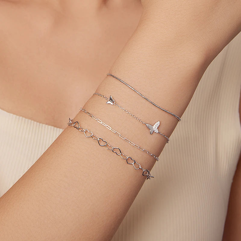 WOSTU 925 Sterling Silver Hot Selling Stacked Chain Bracelets For Women, Butterfly Heart Cross Clover Wrist Link Girl Party Gift