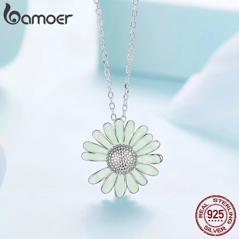 BAMOER 925 Sterling Silver Daisy Pendant Necklace Fresh Green Flower Chain Necklace for Women Teens Mother's Day Jewelry Gift