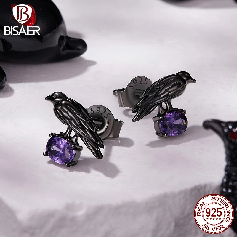 BISAER Crow Stud Earrings 925 Sterling Silver Purple CZ Hypoallergenic Plated Black Gold Stud Ear for Women Party Fine Jewelry