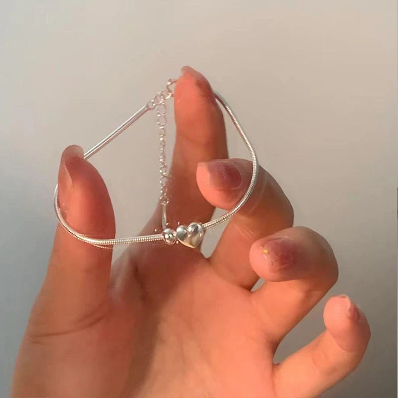 Korean Delicate Heart Beads Shiny Zircon Water Drop Bracelet For Women Simple Love Heart Beaded Adjustable Chain Bangle Jewelry