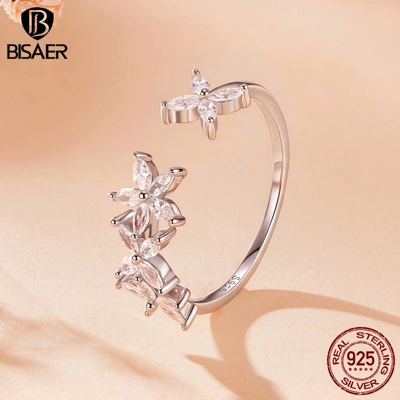 BISAER Real 925 Sterling Silver Autumn Leaves Open Ring Sparkling Zircon Band Adjustable Size 5-9 for Women Party Fine Jewelry