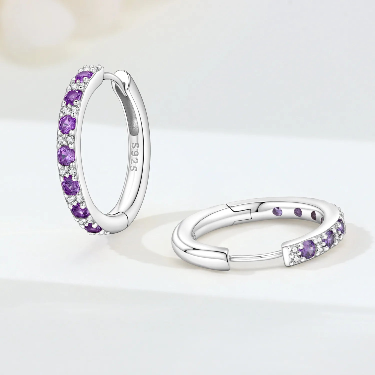 PANPOKI S925 Sterling Silver Simplified Purple Zircon Earrings Versatile Hoop Earrings For Women Jewelry Original Party Gifts