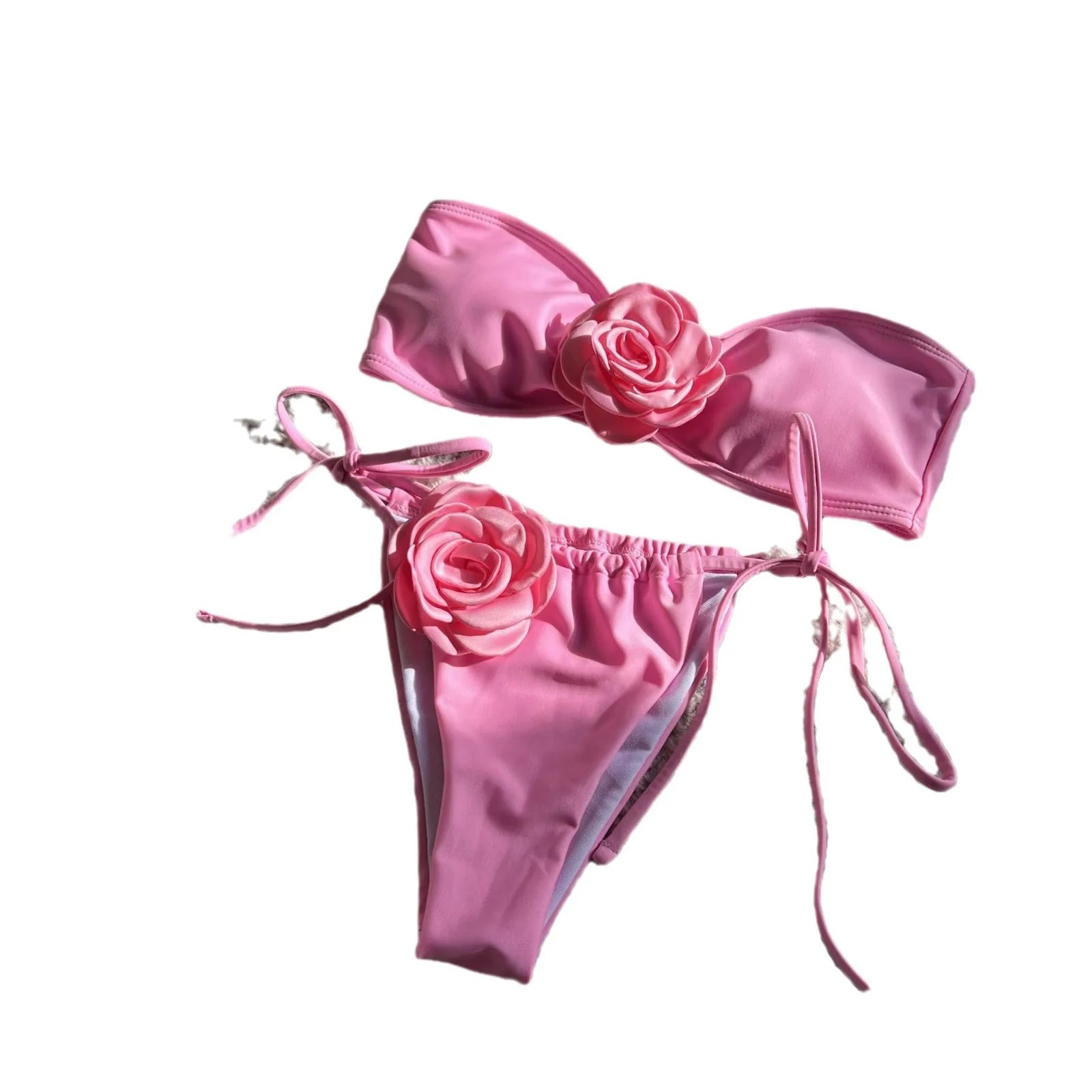 2025 New Solid Rose Bra with Drawstring Strap Split Swimsuit Bikini 9150
