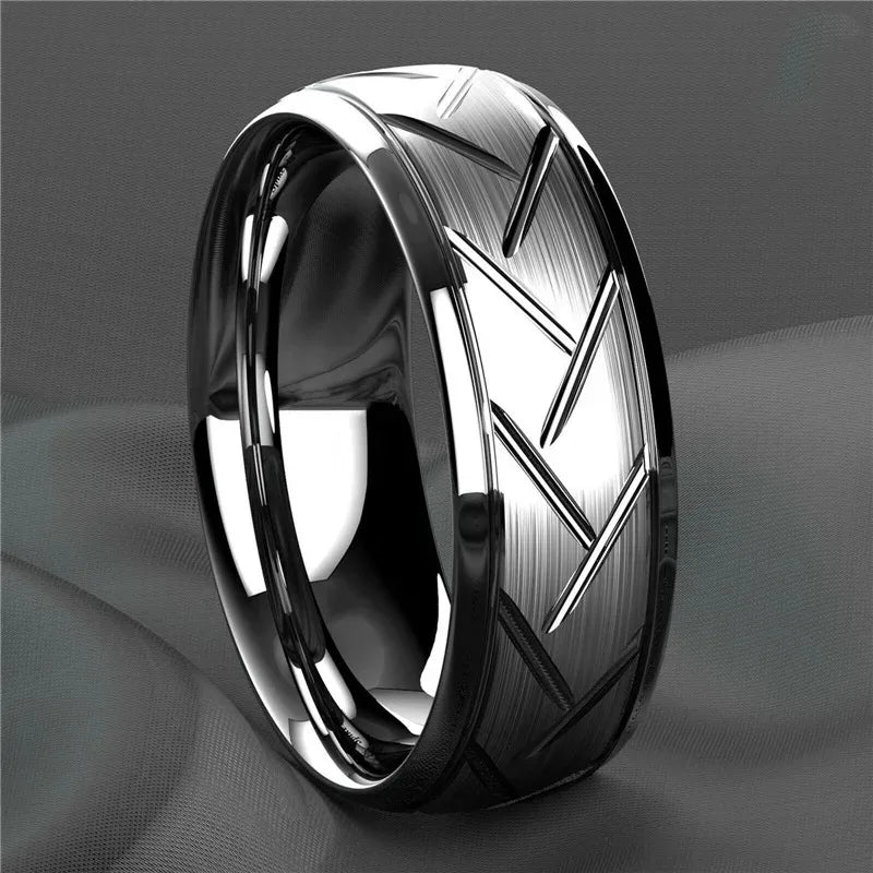 Trendy 8mm Men Frosted Stainless Steel Rings Silver Color Brushed Groove Beveled Edge Engagement Rings For Men Wedding Jewelry