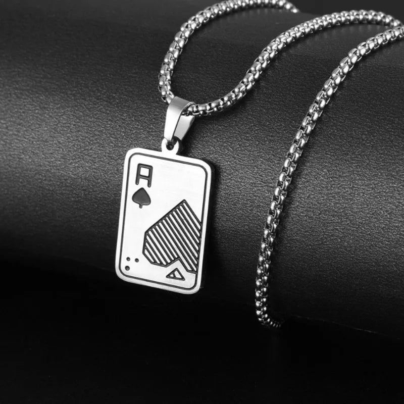 Hiphop Rock Playing Cards Necklace For Men 24Inches Stainless Steel Cuban Chain Collar Locomotive Cool Riding Neck Accessories