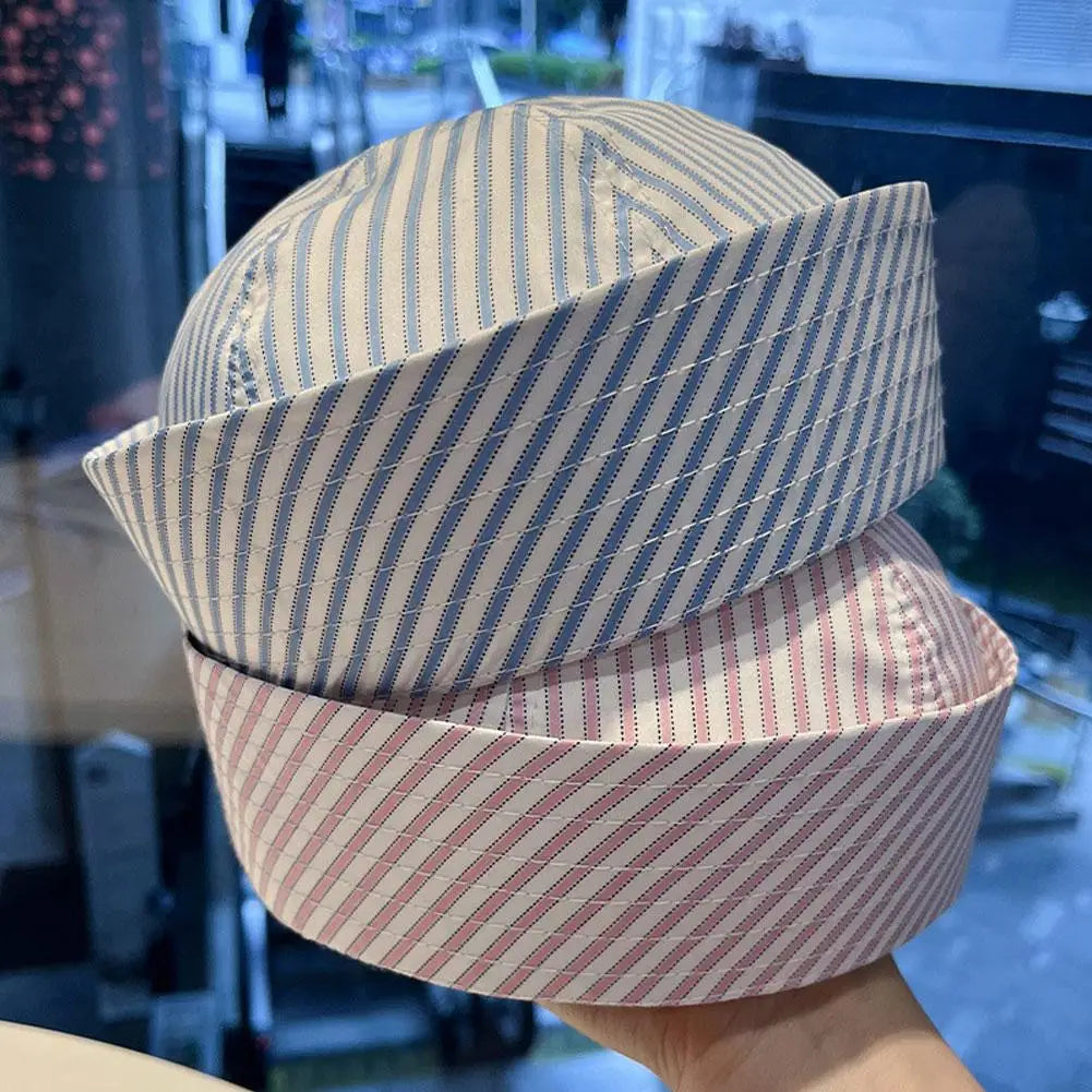 Casual Stripe Cosplay Sailor Hat UV Protection Breathable Comfortable Cosplay Sailor Hat for Men Women Reversible Flat Top Cap