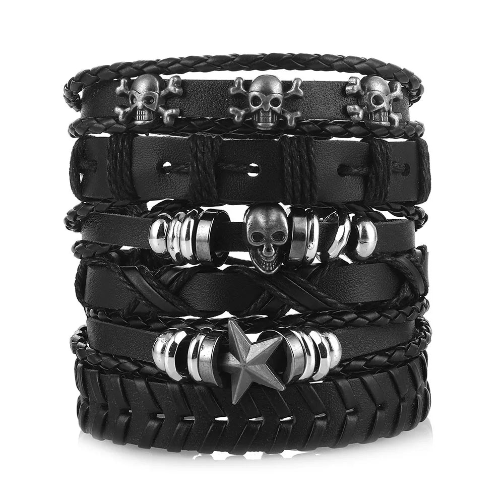 8 Fashion Bracelet Viking Bracelet For Men Hand Bracelets Woven Skull Hand Jewelry Adjustable Leather Set Bracelet For Leather