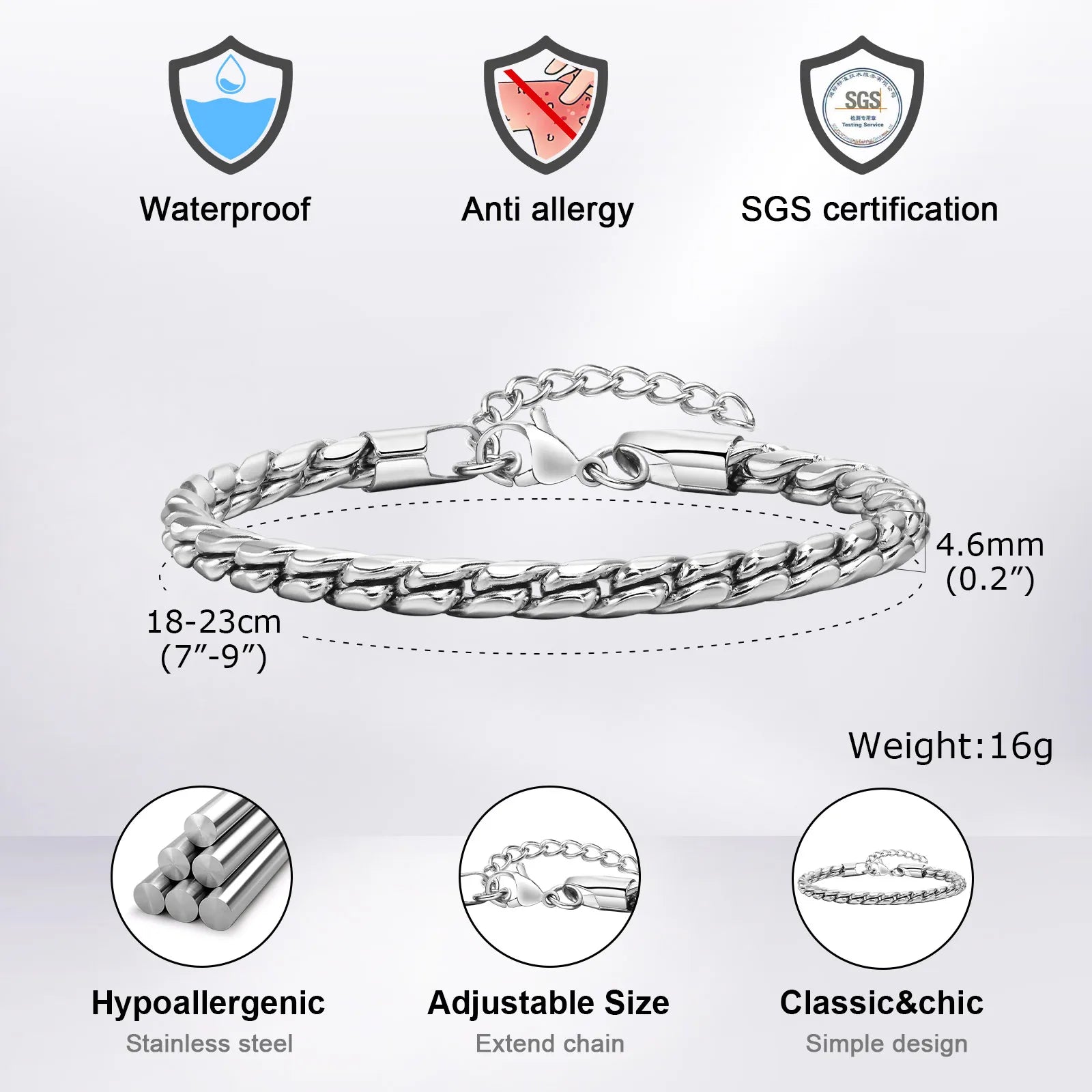 Vnox Punk Herren-Armband mit Schlangenkette, schwarz-silberfarbenes, glänzendes Edelstahl-Armband mit gedrehter Kette, angenehm zu tragender Schmuck