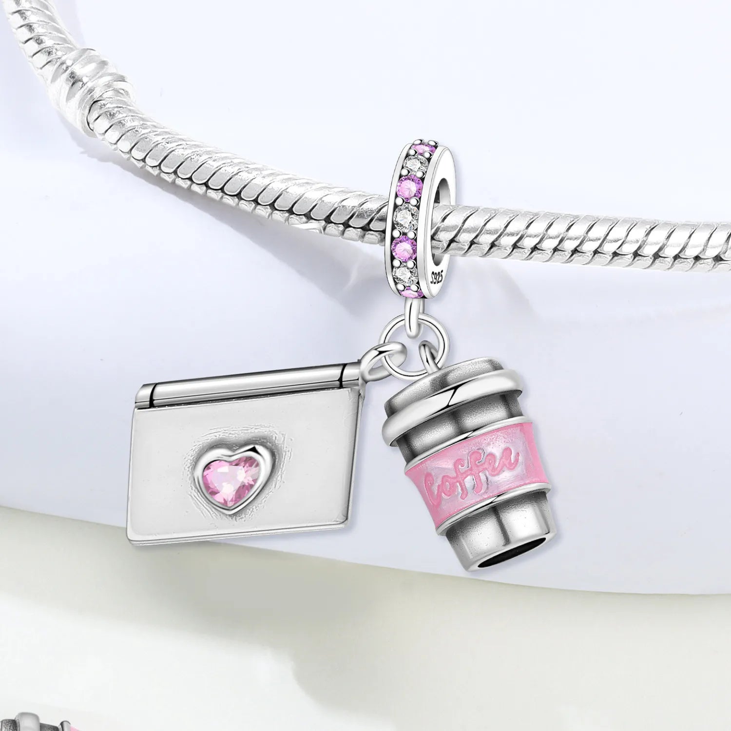 PANPOKI 925 Sterling Silver Pink Coffee Notebook Beads Original Pendants Bracelet Charm Jewelry Party DIY Trendy Gifts