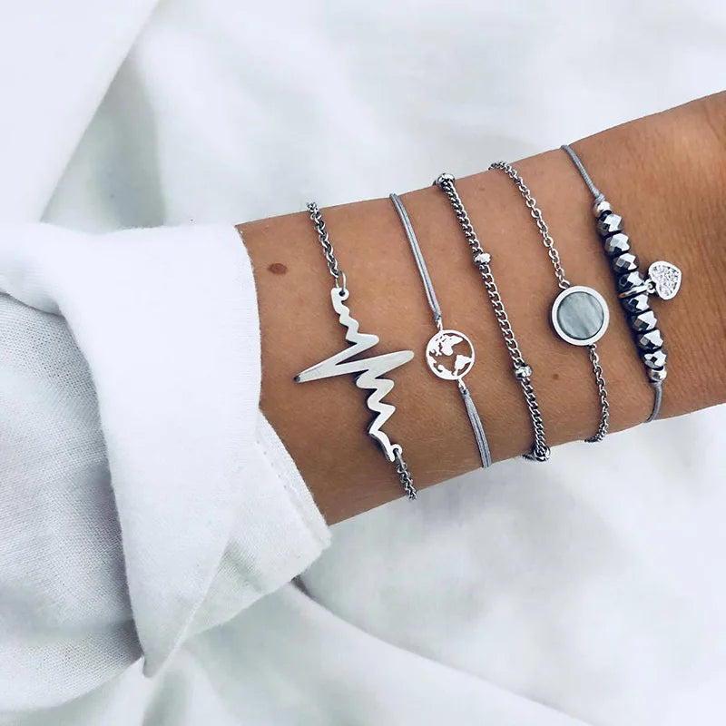 Trendy Geometric Link Chain Bracelet Set For Women Rhinestones Gold Color Leaves Heart Pendant Open Cuff Bangle Girls Jewelry - Madeinsea©