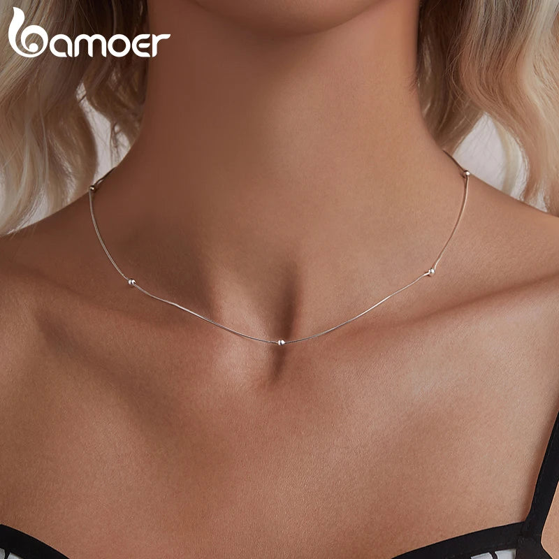 BAMOER Gold Plated Beads Snake Chain Necklace for Women, 925 Sterling Silver Adjustable Basic Chain Necklace Wedding Jewelry