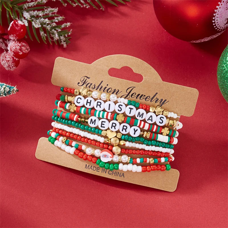 Multilayer Christmas Rice Beads Beaded Bracelet Set For Women Santa Claus Xmas Tree Crystal Polymer Clay Beads Bracelets Jewelry