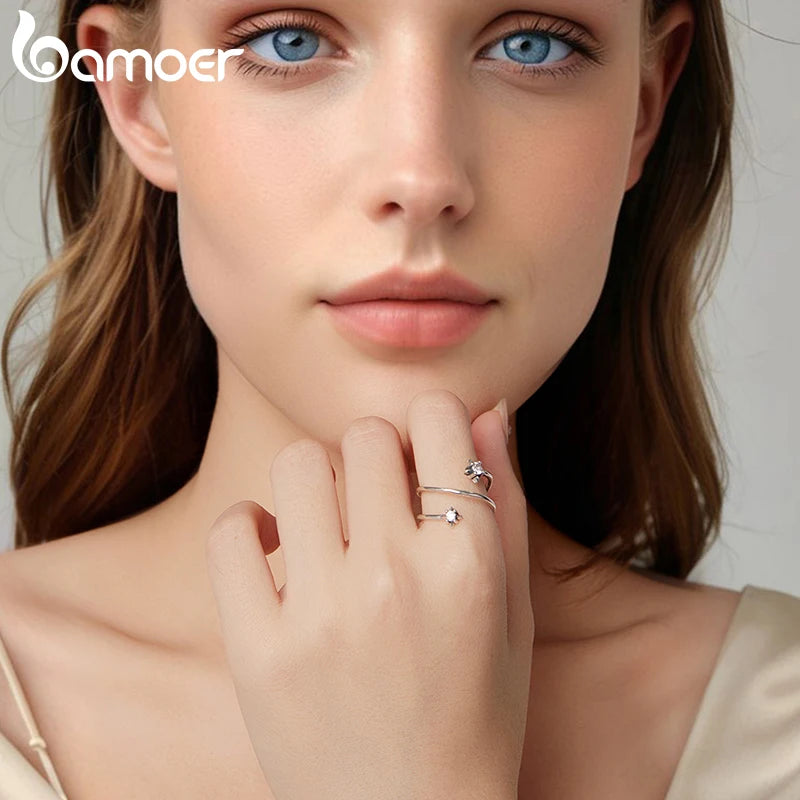 BAMOER Dreilagiger Sternenring aus 925er Sterlingsilber, minimalistischer, verstellbarer Zirkonia-Ring für Damen – das perfekte Geschenk zum Geburtstag!