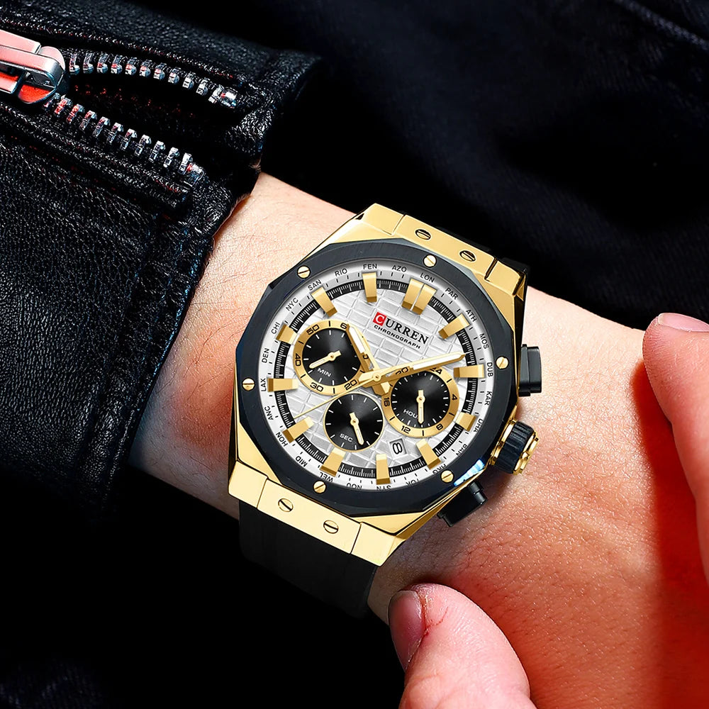 CURREN Casual Sports Quartz Watches for Men Silicone Band Business Chronograph Wristwatch with Date