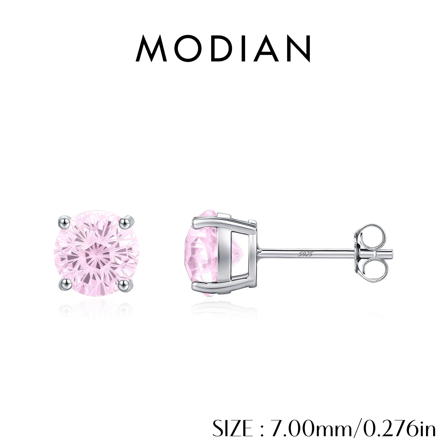 MODIAN 925 Sterling Silver Sweet Light Pink Round Firework Cut CZ Studs Earrings For Women And Men Fine Jewelry