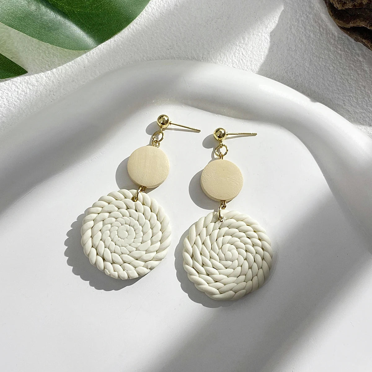 AENSOA Handmade Wooden Braided Polymer Clay Earrigns for Women Multicolor Unusual Knited Heart Geometric Drop Earrings Jewelry