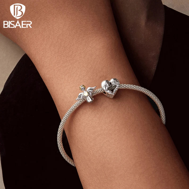 BISAER 925 Sterling Silver Heart Family Charm Angel Mother Child Hug Love Bead For Women Mother's Day DIY Bracelet Fine Jewelry