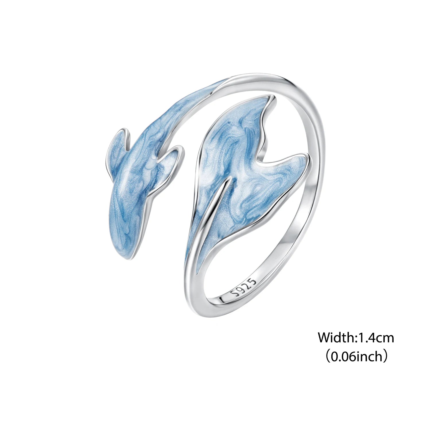 BISAER 925 Sterling Silver Guppy Open Ring Fish Blue Enamel Band Plated White Gold for Women Party Fine Jewelry Holiday Gift