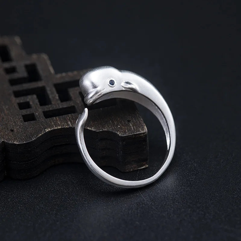 MKENDN Ocean Style 925 Sterling Silver Cute Beluga Ring Fashion Personality Stereoscopic Opening Adjustable Jewelry For Men Girl