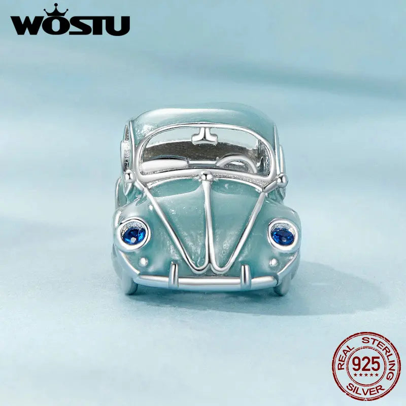 WOSTU 925 Sterling Silver Cartoon Bus Charm Beetle Car Bead Pink Bicycle Pendant Fit Bracelet Necklace Girl Birthday DIY Jewelry