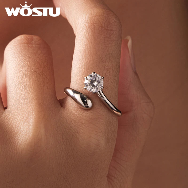 WOSTU 1CT Engagement Solitaire Moissanite Open Ring For Women, s925 Silver Teardrop Wide Bold Statement Ring Chunky Anillo Gift