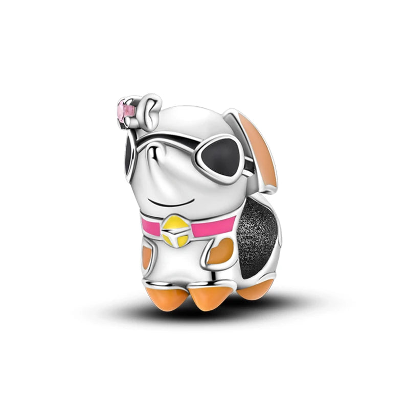 New 925 Silver Pink Rabbit Bear Cat Dog Animal Charms Beads Fit 3mm 925 Original Bracelets Fine DIY Birthday Jewelry