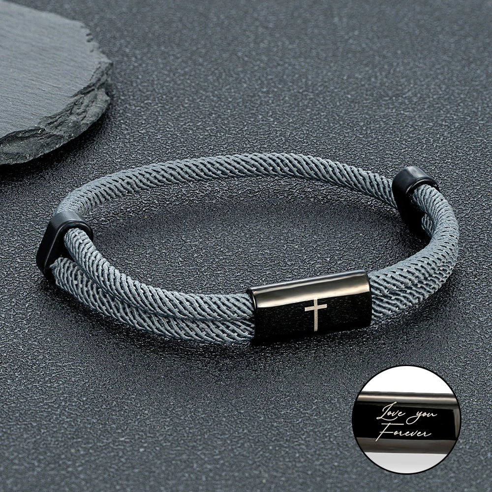 MKENDN Charm Rope Bracelet Cross Black Stainless Steel Bracelets Handmade Men Women Prayer Fitness Chain Couple Jewelry Gift