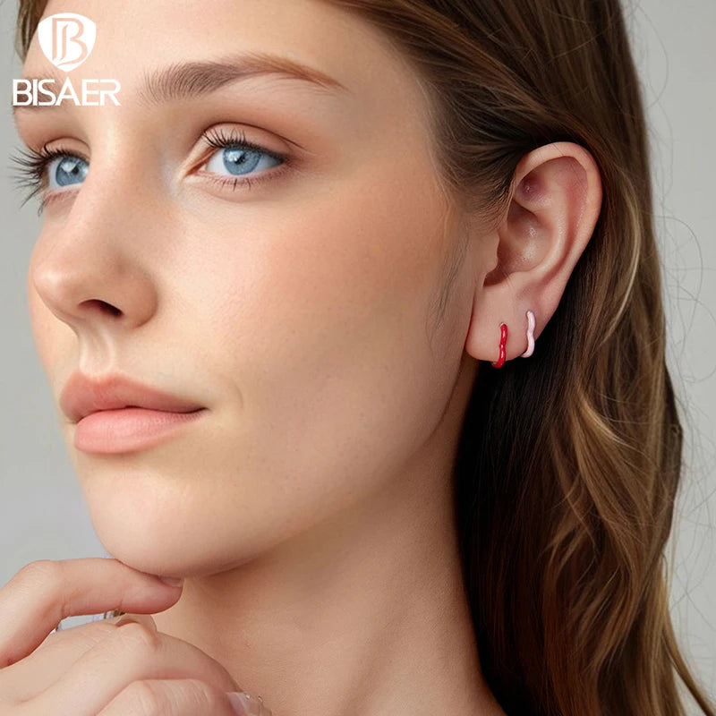 BISAER 925 Sterling Silver Dopamine Heart Hoop Earrings Minimalist Love Enamel Stud Ear for Women Original Party Fine Jewelry