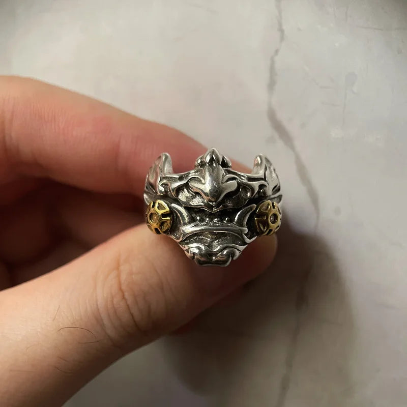 Retro Samurai Cyberpunk Mask Ring Punk Gothic Adjustable Open Ring For Men Copper Designer Jewelry Biker Accessories Unisex Gift