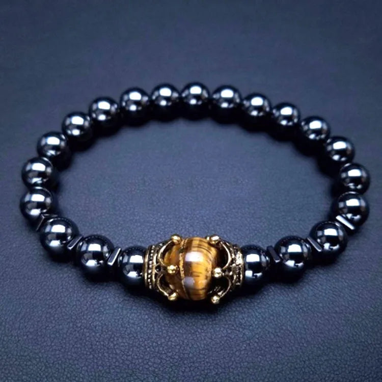 Fashionable Large Crown Tiger Eye Stone Bracelet Agate Matte Beaded Stylish Hand Chain Popular Jewelry Accessory