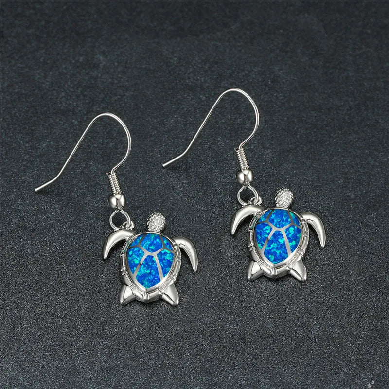 Cute Women Sea Turtle Long Drop Earrings Wedding Jewelry Accessories Fashion Blue Imitation Opal Pendant Earrings for Women