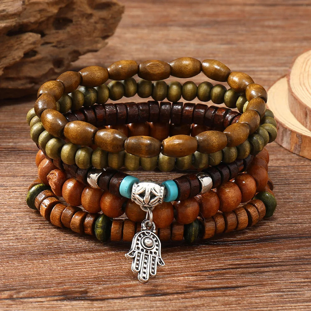 Lot de 4 à 5 bracelets ethniques en perles de bois avec breloques en forme d'arbre et de cactus, main de Fatima, papillon, style bohème, pour hommes et femmes, bijoux féminins