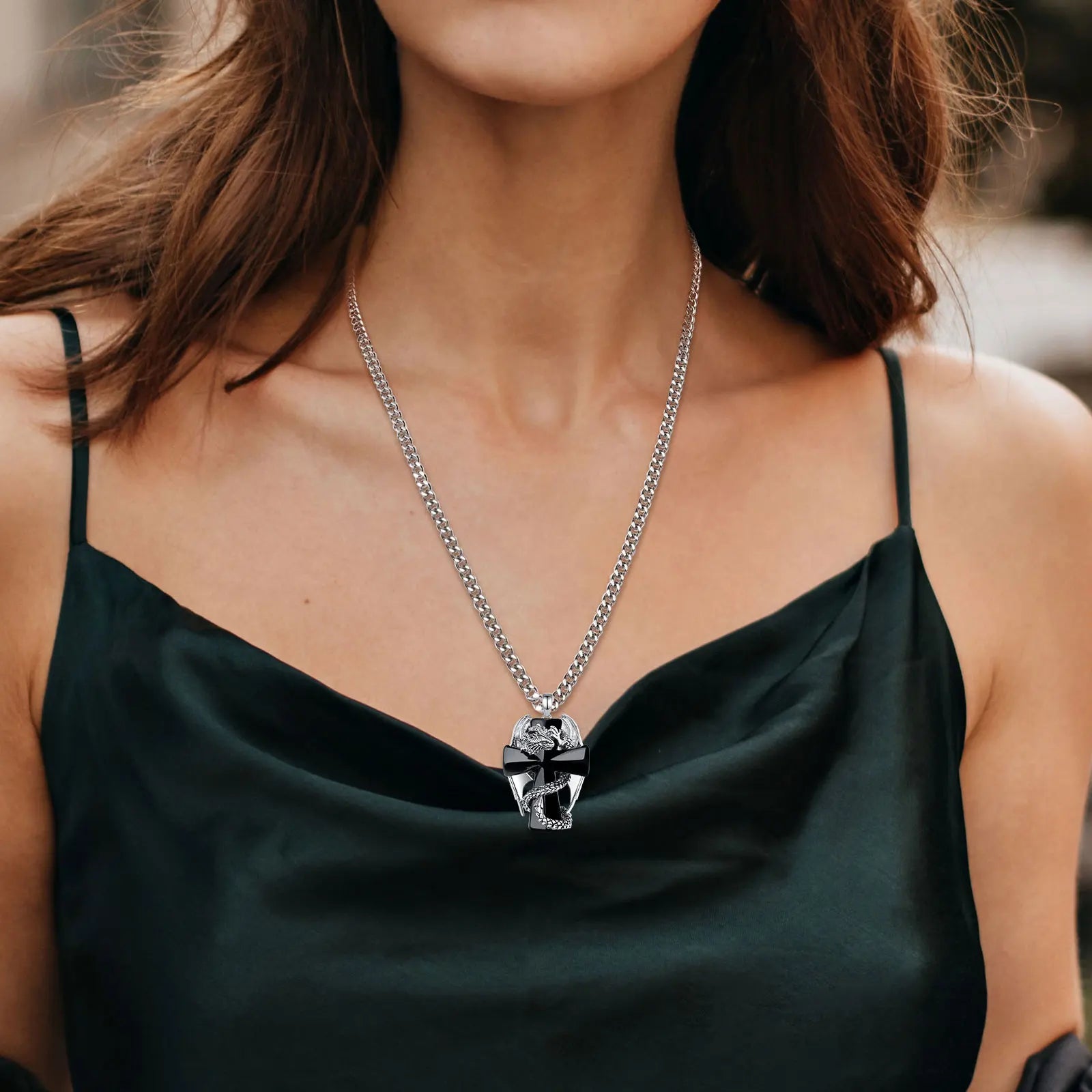 Eudora Dragon Twining Cross Obsidian Necklace Punk Natural Healing Stone Crystal Pendant Spiritual Jewelry Meditation Fine Gift