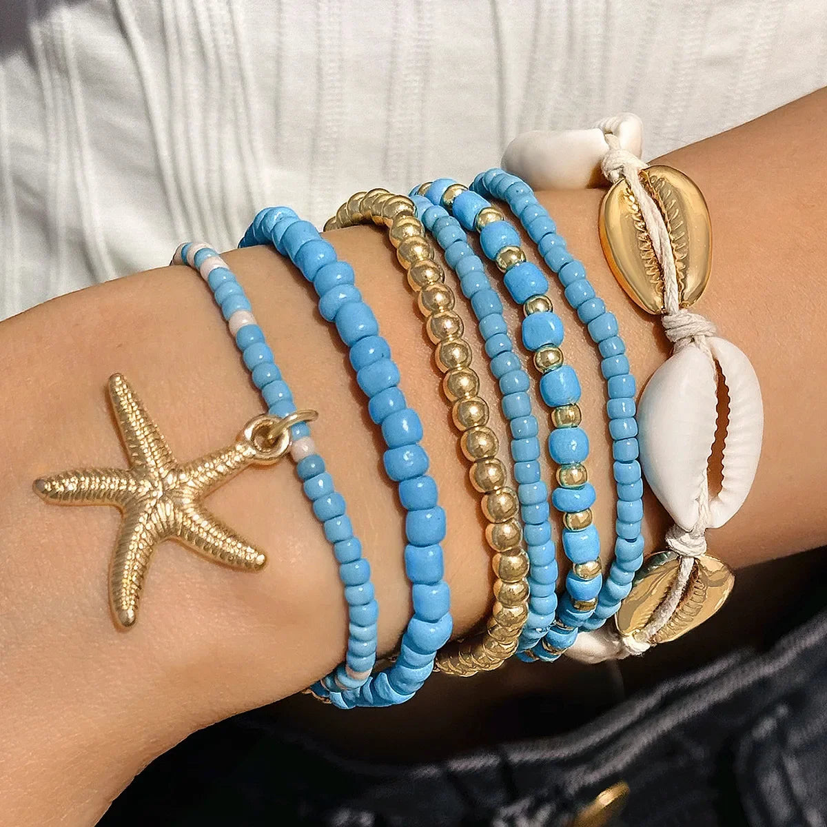 7Pcs Boho Summer Starfish Bracelet Set For Women Bohemian Shell Rice Beads Elastic Chain Bangle Girls Beach Jewelry Accessories