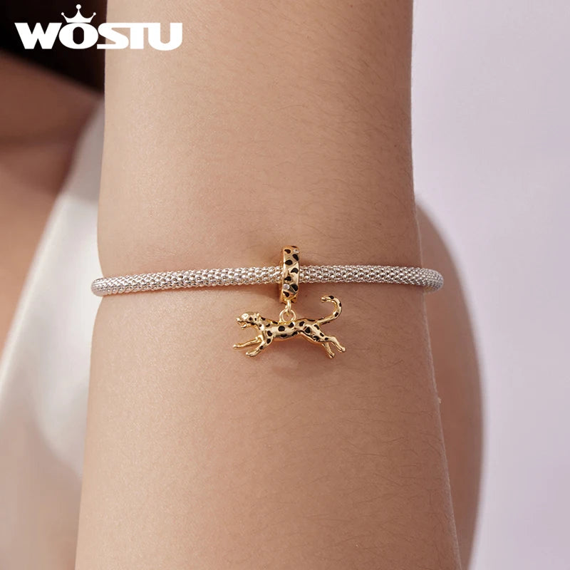 WOSTU 925 Sterling Silver 18K Gold Plate Leopard Lion Pendant Animal Charm For DIY Jewlery Gift Fit Original Bracelet Necklace