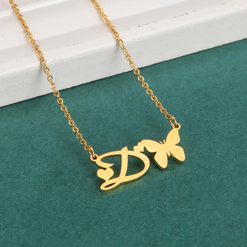 New Fashion 26 Initials Letter Pendant Butterfly Necklace for Women Elegant Stainless Steel Gold Color Necklace Jewelry Gift