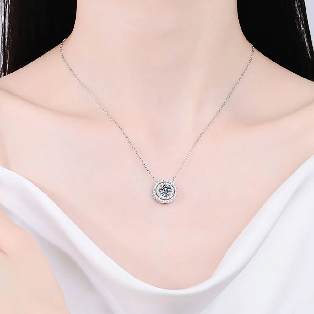 Serenity 0.5ct 1ct 2ct D Color Moissanite Pendant Necklace For Women 100% S925 Sterling Silver Double Circle Round Neck Chain