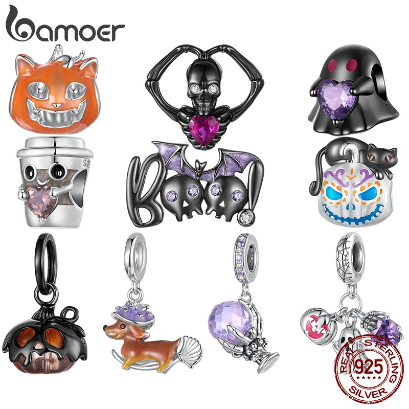 Bamoer 925 Sterling Silver Halloween Pumpkin Charm Magic Crystal Pendant Enamel Luminous Bead for Women DIY Bracelet Accessories