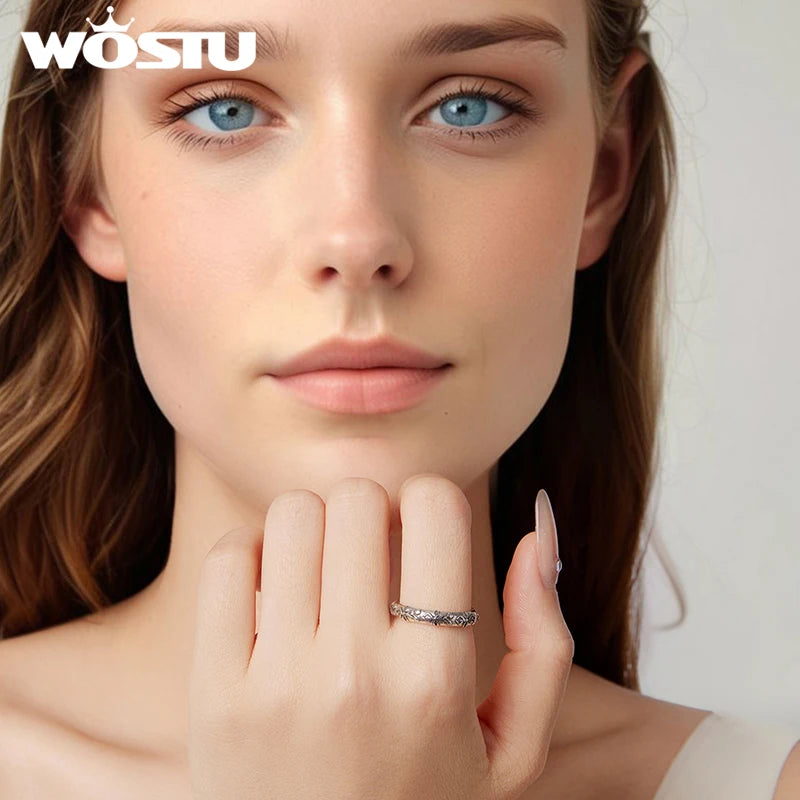 WOSTU 925 Sterling Silver Vintage Flower Patterm Bow Ring Stacking Simple Flower Opening Rings Jewelry Gift For mom Love Family
