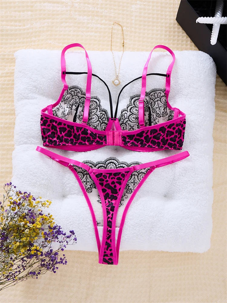 Lingerie Sexy Hot Female Lace Underwear Transparent Bra Panty Set Three-point Underwear Pure Desire Leopard Print Lingerie Set