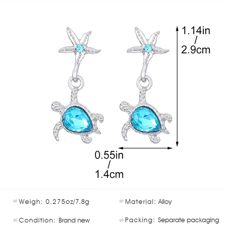 Delicate Blue Crystal Starfish Turtle Drop Earrings for Women Summer Vacation Metal Shell Sea Star Earring Jewelry Girl Gift