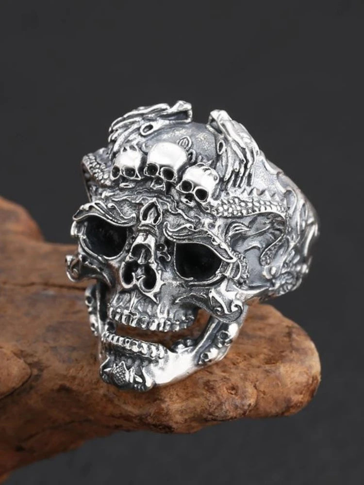 Fashion And Personality, Retro And Domineering Three Skull Ring, Open Mouth Men's Street Punk Hip-Hop Ring Bracelet