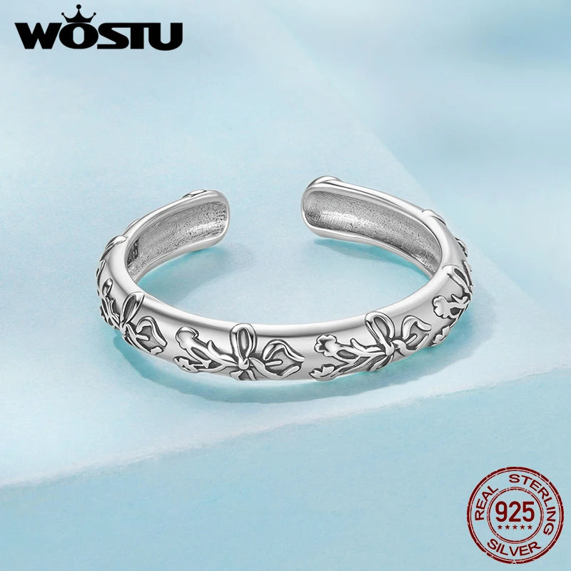 WOSTU 925 Sterling Silver Vintage Flower Patterm Bow Ring Stacking Simple Flower Opening Rings Jewelry Gift For mom Love Family