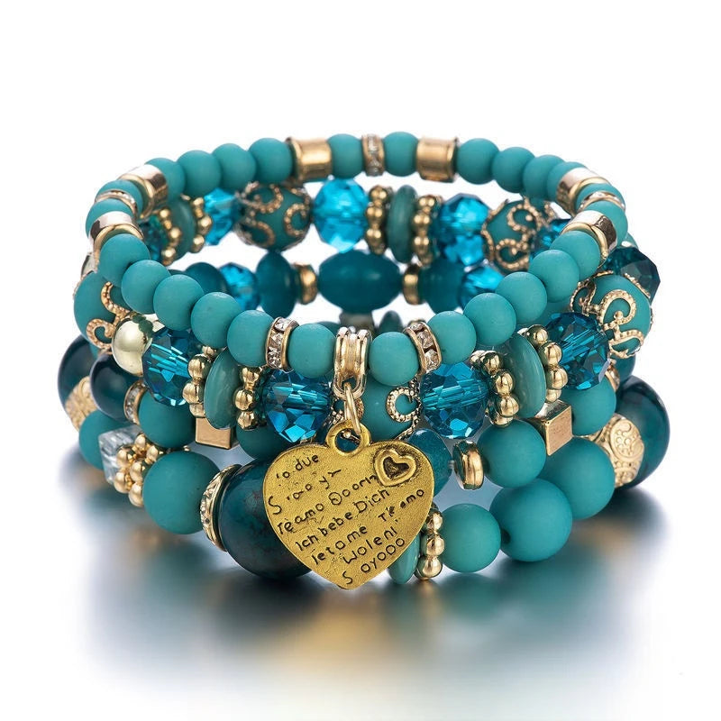 Bohemian 4-pieces/set Heart Pendant Crystal Beaded Bracelet