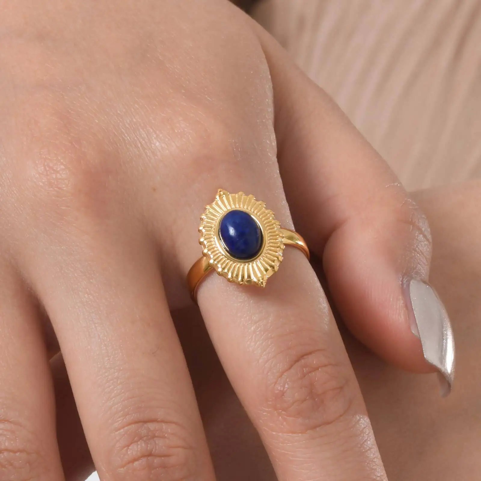 Vnox Blue Turquoise Stone Opening Ring,Stainless Steel Sun Oval Accessories Rings For Women,Finger Female Jewelry Bague Gift