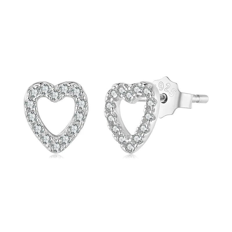 BAMOER 925 Sterling Silver 18K Hollowed Heart Stud Earrings for Women Clear CZ Cute Piercing Earrings Shiny Jewelry Date Gift
