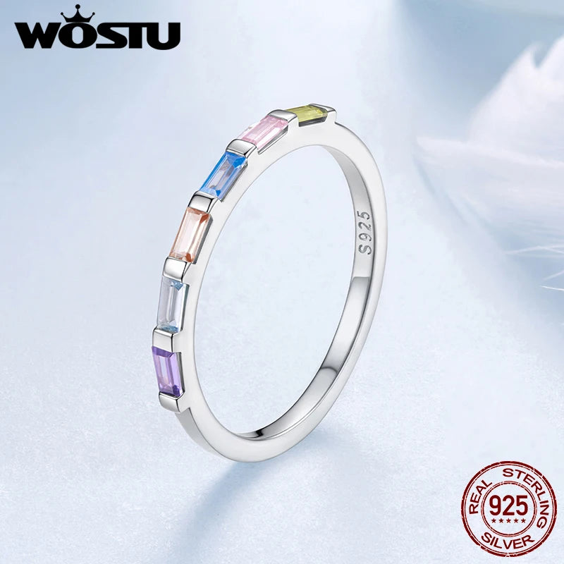 WOSTU 925 Sterling Silver Rainbow Single Ring White Gold CZ Colorful Lively Original for Women Girl Birthday Fine Jewelry Gift