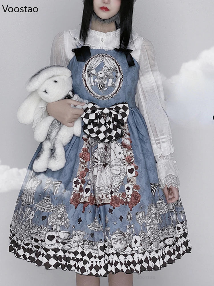 Vintage Gothic Lolita Style Slip Dress Women Harajuku Y2k Sleeveless Dark Bunny Print Party Dresses Girly Kawaii Bow Vestidos