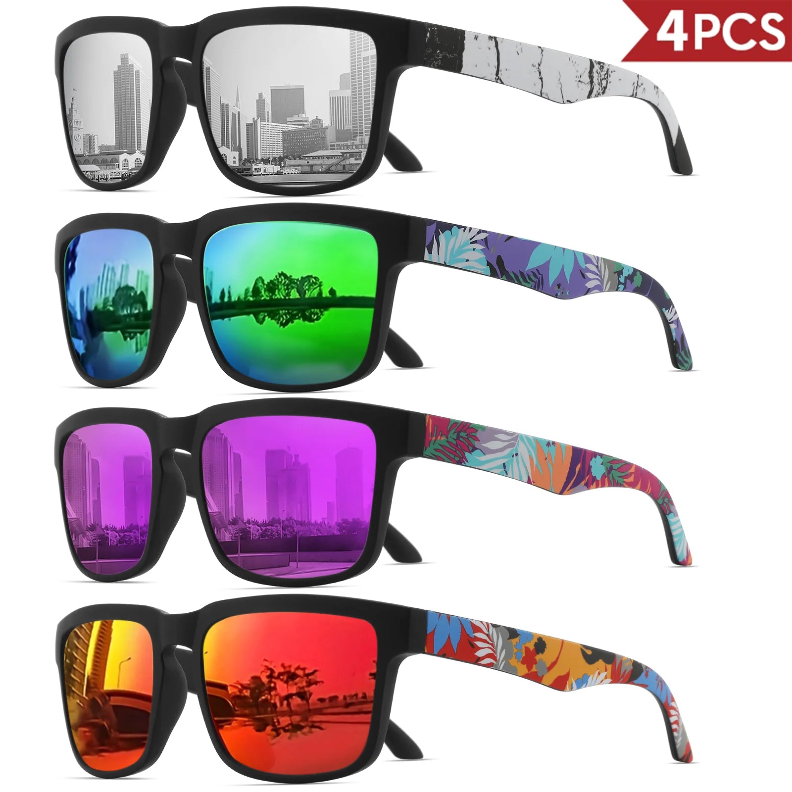 4PCS Square Sports Sunglasses with Designer Temple Pattern - UV400 for Men Women, Beach Vacation